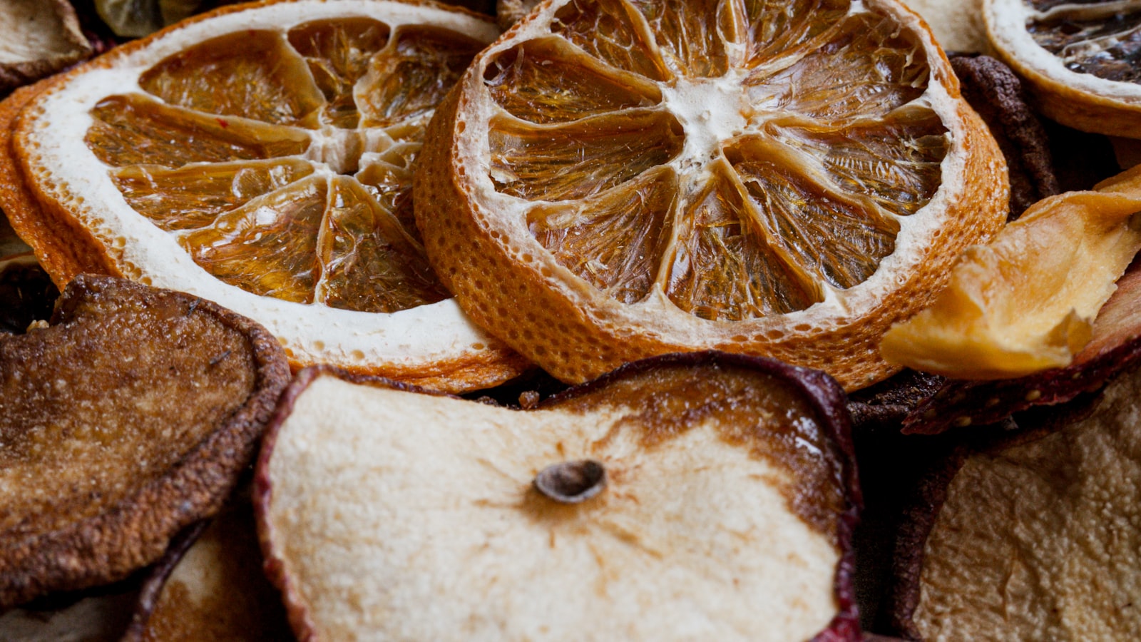 A pile of dried fruit including strawberries, similar to Morrista's dried and freeze-dried strawberries